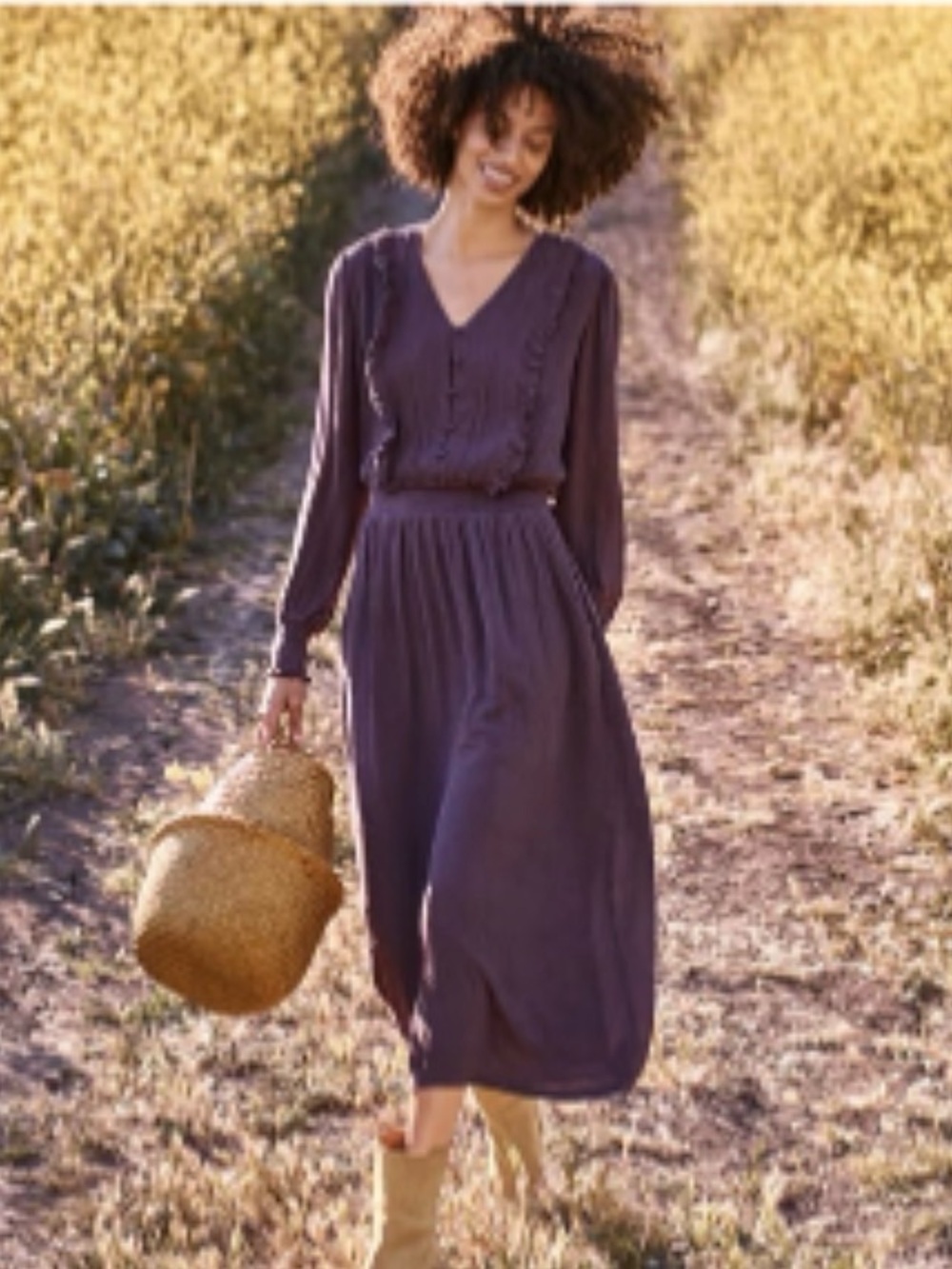 Garnet Hill Ruffle Crepe V Neck Maxi Dress Nightshade Cottagecore Long Sleeve